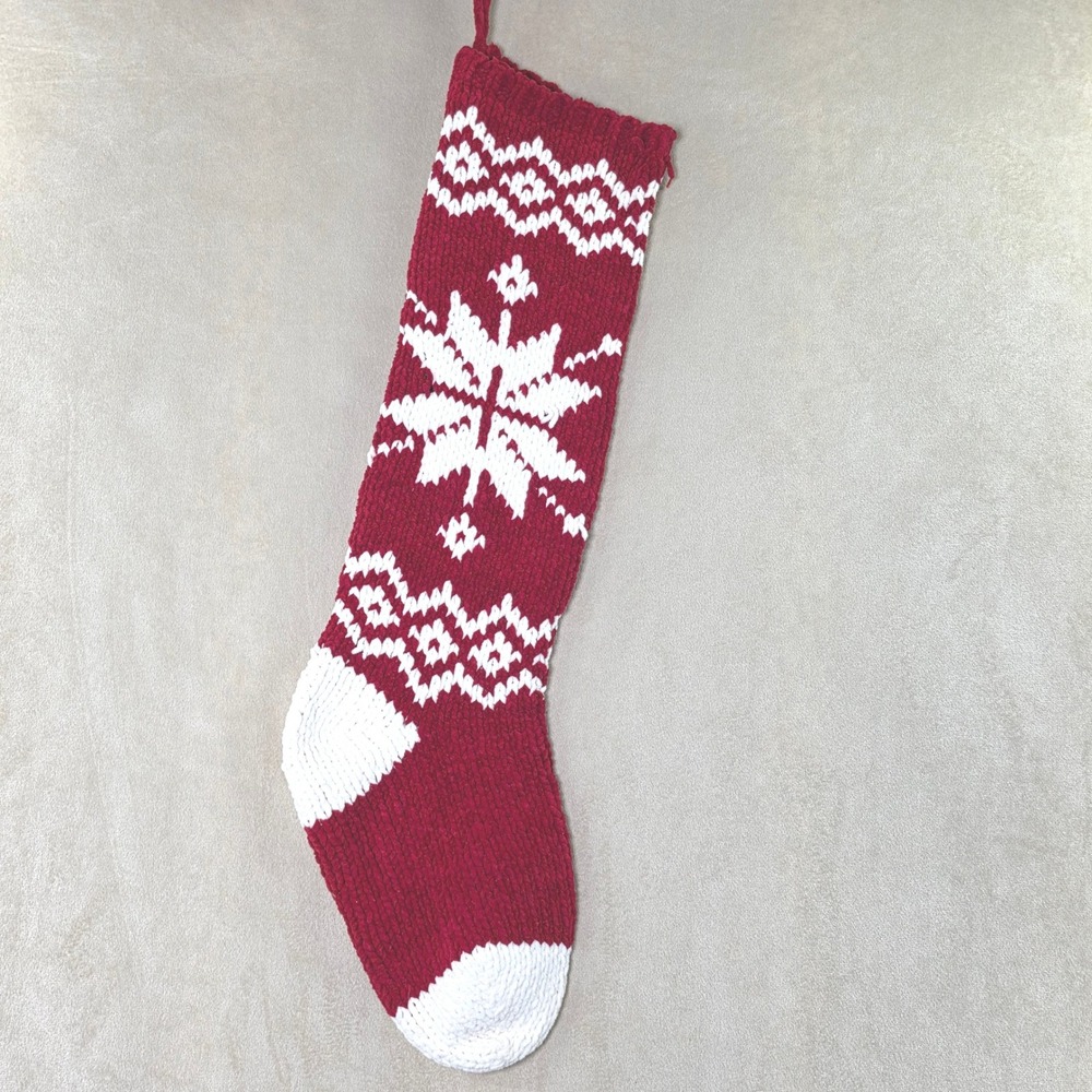 Knit Christmas Stocking Red White Snowflake Fair Isle Holiday Decor 22in